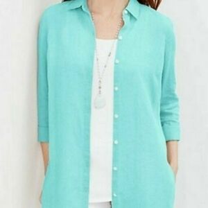 J.Jill Love Linen Aqua Button Front Tunic Top